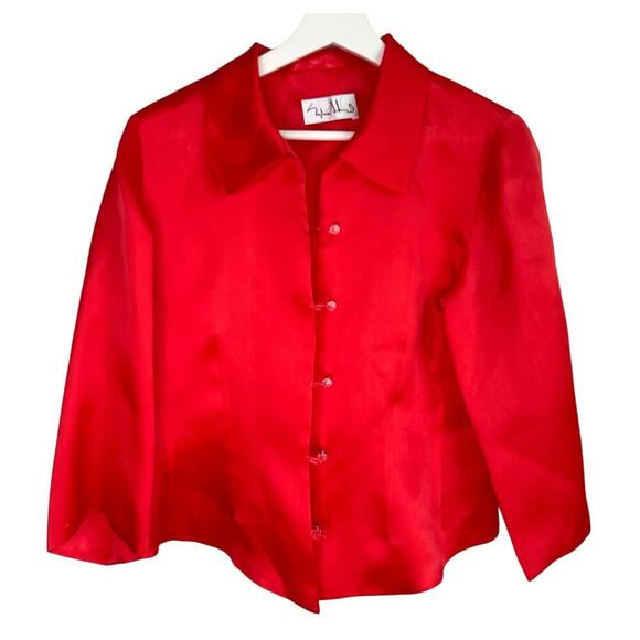 Sylvia Heisel 100% Silk 3/4 Sleeve Cropped Button-Up Shirt Red Women's Size 10 - Picture 1 of 7